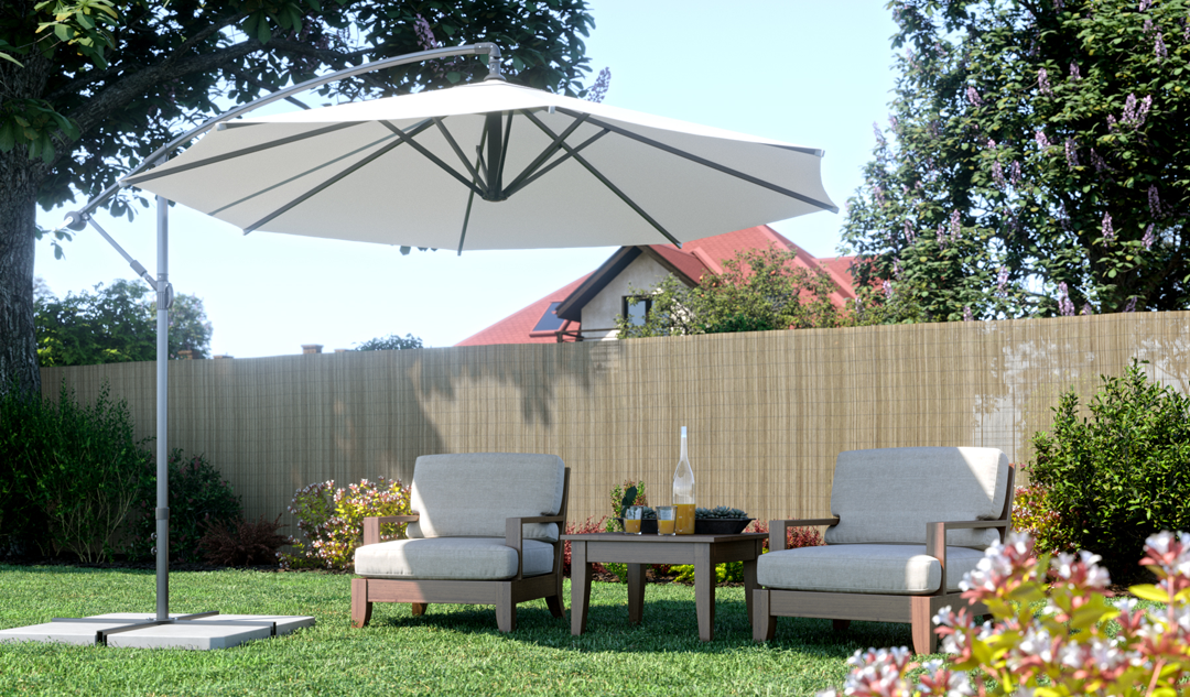 Parasol et canisse PVC pour se protéger d'un vis-à-vis dérangeant