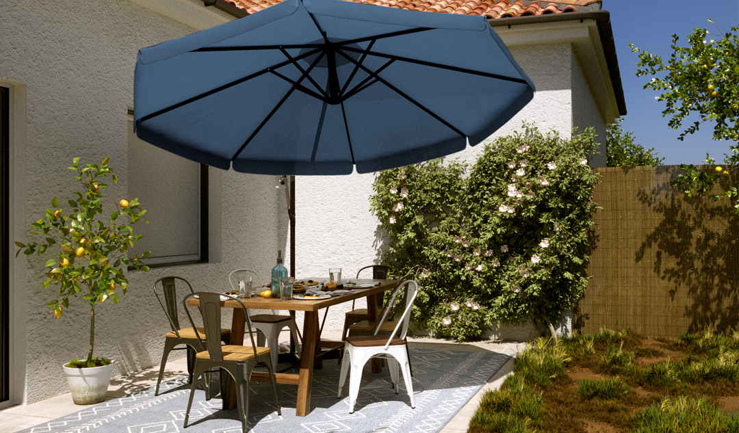 Parasol de terrasse et canisse pour être à l'abris du soleil et des regards indiscrets