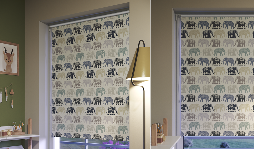 Store enrouleur à motifs éléphants dans une chambre de garçon