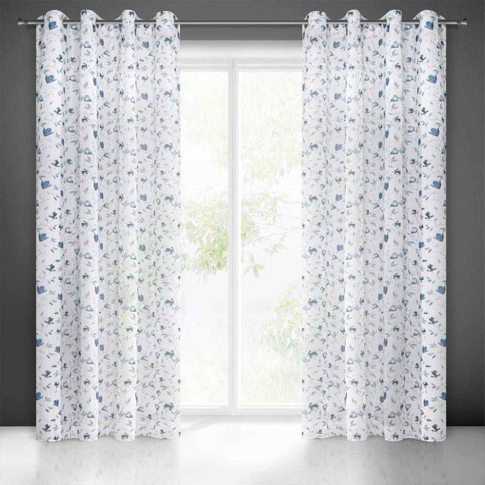  Rideau motifs végétaux à oeillets, Prêt-à-poser, Blanc-bleu marine