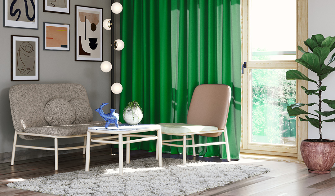 Rideaux verts pour un intérieur exotique