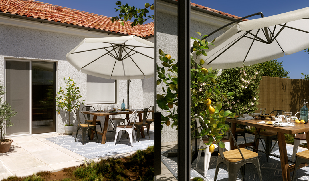 Parasol déporte et salon de jardin pres de la piscine