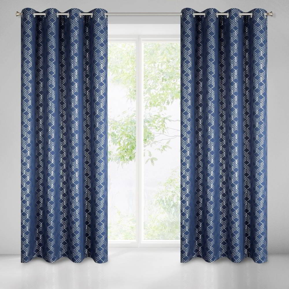  Rideau tamisant, Motifs géométriques, Prêt-à-poser, Bleu marine 