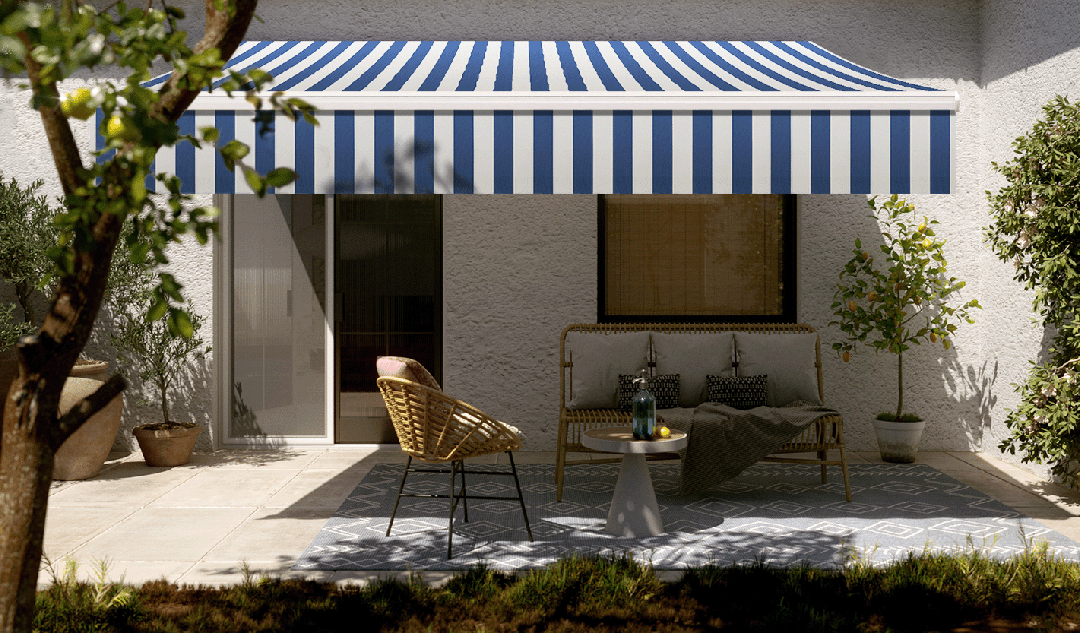 Store banne sur mesure bleu-blanc