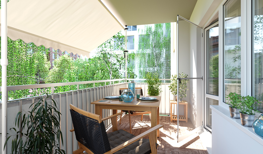 Balcon avec store à projection et brise-vue et moustiquaire de porte