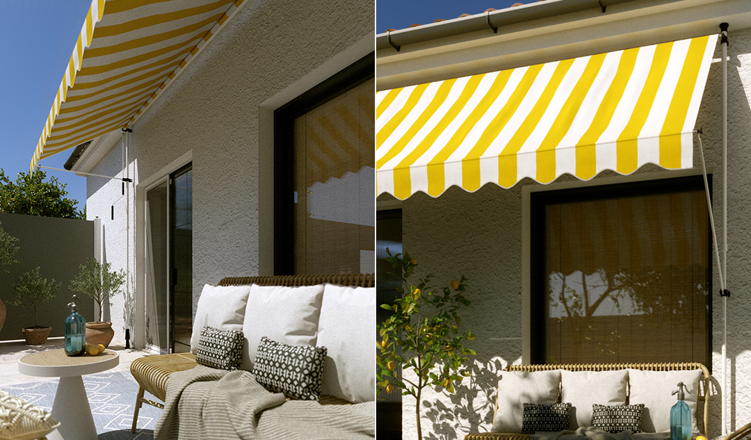 Store à projection et paravent sur une terrasse en été - store bambou à la fenêtre