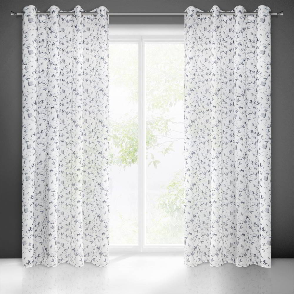 Rideau motifs végétaux à oeillets, Prêt-à-poser, Blanc-acier 