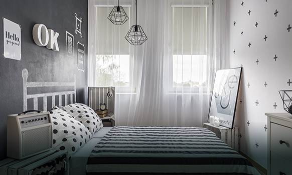 Free-hanging roller blind in minimalistic interrior