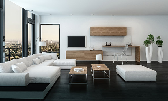 Free-hanging roller blind in minimalistic interrior